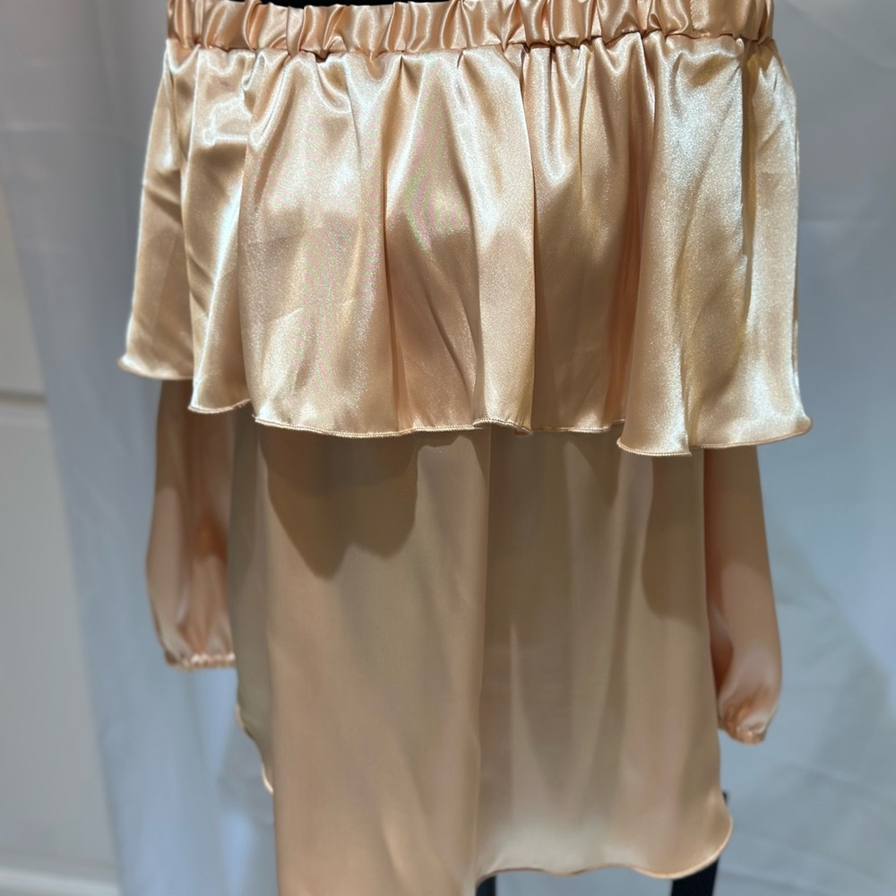 Suzanne Somers Gold Satin ruffle off the shoulder blouse.